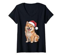 Womens Finnish Spitz Dog Christmas Santa Hat Pet Dog Lovers Funny V-Neck T-Shirt