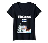 Womens Finnish Winter Trip Reindeer Snowy Finland Flag Souvenir V-Neck T-Shirt