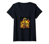 Womens Fire Bones Costume for Burning Skeleton Lovers V-Neck T-Shirt