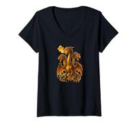 Womens Fire Breathing Hydra Dragon Art Three Long Neck Monsters V-Neck T-Shirt