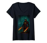 Womens Fire Dragon Samurai with Twin Flaming Swords V-Neck T-Shirt