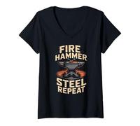 Women's Fire Hammer Steel Repeat Blacksmith Forge V-Neck T-Shirt