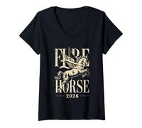 Womens Fire Horse Mythical Creature Year of The Horse 2026 Chinese V-Neck T-Shirt