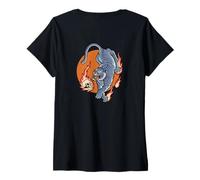 Womens Fire Tiger Tattoo Backprint - Sad Aesthetic Edgy Streetwear V-Neck T-Shirt