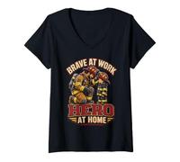 Women's Firefighter Brave At Work Fireman Hero Home Dad Fathers Day V-Neck T-Shirt