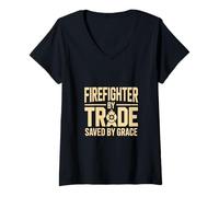 Women's Firefighter by Trade Saved by Grace Faith V-Neck T-Shirt