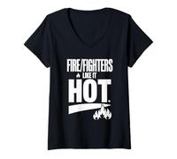 Womens Firefighters Like It Hot Bold Flame Typography V-Neck T-Shirt