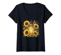 Women's Fireflies and Sunflowers Vintage Garden Firefly Jar Meadow V-Neck T-Shirt