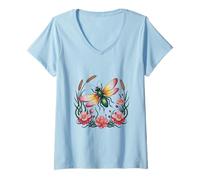Womens Firefly Among Flowers and Flourishing Leaves Nature Art V-Neck T-Shirt