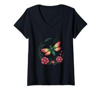 Womens Firefly Among Flowers and Flourishing Leaves Nature Art V-Neck T-Shirt
