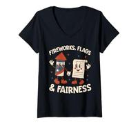 Womens Fireworks Flags Fairness Liberty Justice USA Patriotic V-Neck T-Shirt