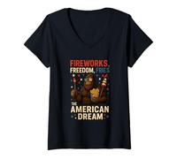 Womens Fireworks Freedom Fries The American Dream Flag 4th Of July V-Neck T-Shirt