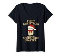 Womens First Christmas with My Sourdough Starter Funny Bread Baker V-Neck T-Shirt