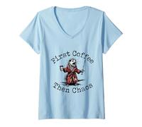 Women's First Coffee Then Chaos Funny Possum Coffee Lover, V-Neck T-Shirt