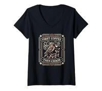 Women's First Coffee Then Chaos Vintage Bird for Working Parents V-Neck T-Shirt