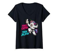 Women's First Coffee Then Jiu Jitsu - Coffee Unicorn and Jiu Jitsu V-Neck T-Shirt