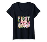 Women's First Grade Easter Chocolate Eggs Bow Tie Bunny Lover Kids V-Neck T-Shirt