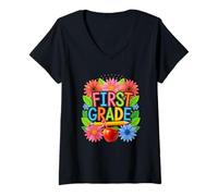 Womens First Grade School Year Apple Pencil Flowers V-Neck T-Shirt