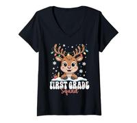 Womens First Grade Squad Reindeer Christmas Lights Winter Kids V-Neck T-Shirt