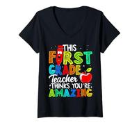 Womens First Grade Teacher Thinks Amazing Educator Teaching Design V-Neck T-Shirt