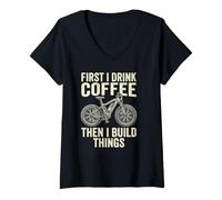 Women's First I Drink Coffee Then I Build Things Woodworker V-Neck T-Shirt