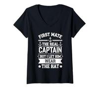 Womens First Mate The Real Captain Boat Lover Boating V-Neck T-Shirt