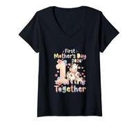 Women's First Mother's Day 2026 Together Cute Cows Farmer Family V-Neck T-Shirt