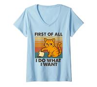 Womens First of All I Do What I Want Funny Cat Coffee Retro V-Neck T-Shirt