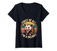 Women's First of All I'm A Delight Angry Possum Funny Opossum V-Neck T-Shirt