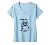 Womens First of All I'm a Delight Funny Raccoon, V-Neck T-Shirt