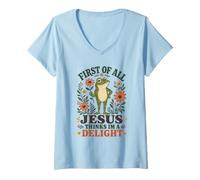 Women's First of All Jesus Thinks I'm A Delight Frog Meme V-Neck T-Shirt