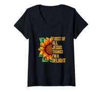 Women's First of All Jesus Thinks I'm A Delight God Christian Faith V-Neck T-Shirt