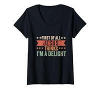 Women's First of All Jesus Thinks I'm a Delight Vintage Retro Funny V-Neck T-Shirt