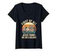 Women's First of All Jesus Thinks We are A Delight Raccoon Opossum V-Neck T-Shirt