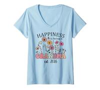 Womens First Time Grandma 2026 Nana Happiness is Being a Grandma V-Neck T-Shirt