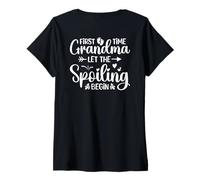 Women's First Time Grandma Let The Spoiling Begin (On Back) V-Neck T-Shirt