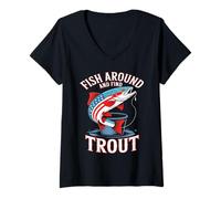 Womens Fish Around and Find Trout US Flag Vintage Fishing V-Neck T-Shirt