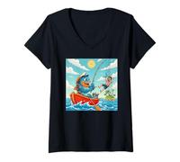 Women's Fish Catching Human Funny Reversal V-Neck T-Shirt