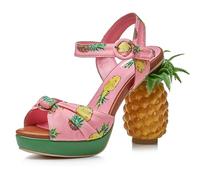 Women's Fish Mouth Open Back High Heel Sandals with Pineapple Shaped Heel Printed Satin Bow Tie Buckle Heel Height 12 CM Seaside Holiday Style