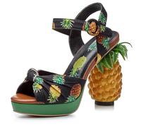 Women's Fish Mouth Open Back High Heel Sandals with Pineapple Shaped Heel Printed Satin Bow Tie Buckle Heel Height 12 CM Seaside Holiday Style