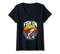 Women's Fish ON Bass Fishing Retro Sunset Angler V-Neck T-Shirt