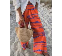 Women's Fish Print High Waist Wide Leg Pants Loose Fit Summer Beach Casual | Elastic waistband, playful fish graphic print, flowy wide-leg cut, relaxed silhouette, beach vacation style, resort-wear look