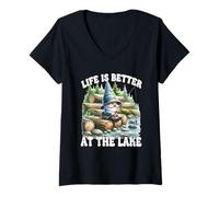 Womens Fisher Gnome For Fishing Grandpa Life Is Better At The Lake V-Neck T-Shirt