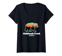 Womens Fishhook Creek Idaho Fishing Summer Bear V-Neck T-Shirt