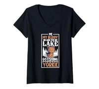 Womens Fishing and Yorkshire Terrier V-Neck T-Shirt