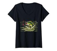 Womens Fishing Camouflage US American Flag Bass Fish Fisherman Camo V-Neck T-Shirt