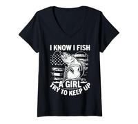 Womens Fishing I Know I Fish Like A Girl Try To Keep Up V-Neck T-Shirt