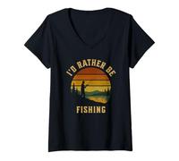 Womens Fishing I'd Rather Be Fishing Retro Sunset Fisherman V-Neck T-Shirt