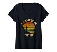 Womens Fishing I'd Rather Be Fishing Retro Sunset Fisherman V-Neck T-Shirt