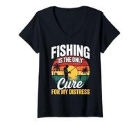 Womens Fishing Is the Only Cure My Therapy Fisherman Stress Relief V-Neck T-Shirt